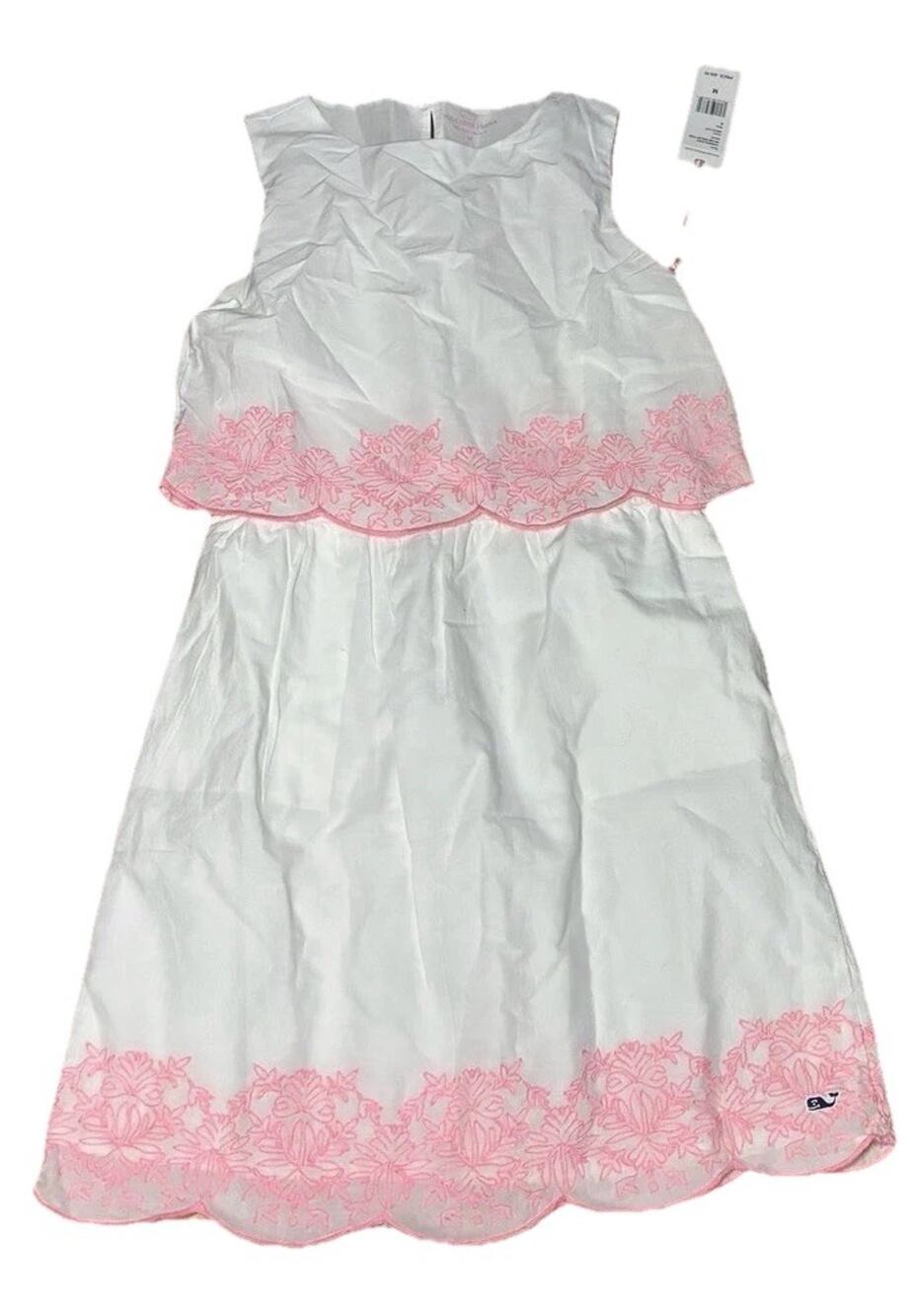 Vineyard Vines Girls Size Medium White Pink Embroidered Tiered Sun Dress NWT